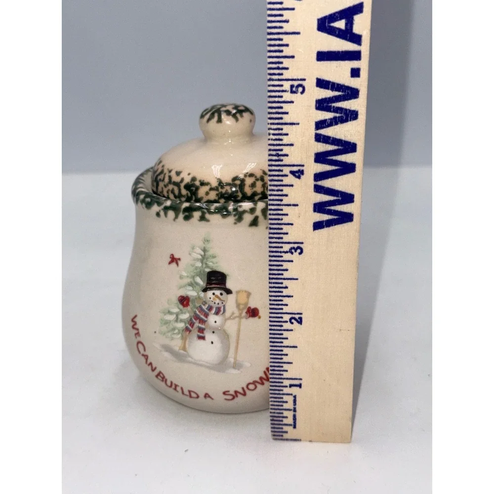 Unbranded Snowman Jam Jar Holiday Cream Green Excellent Stoneware Lidded Pot